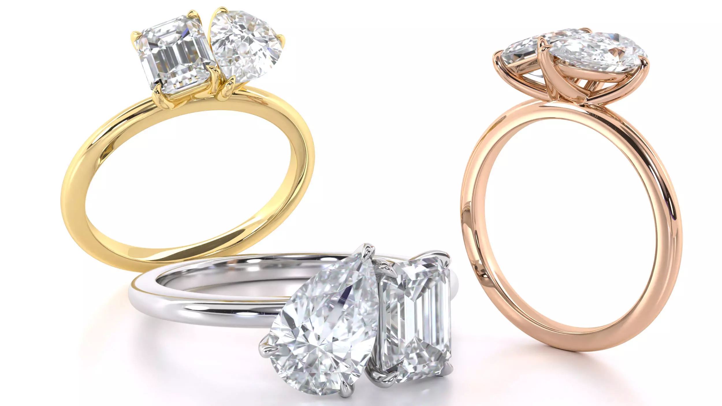 Pear and Emerald Cut Diamond Duo Engagement Ring 3D print model_0