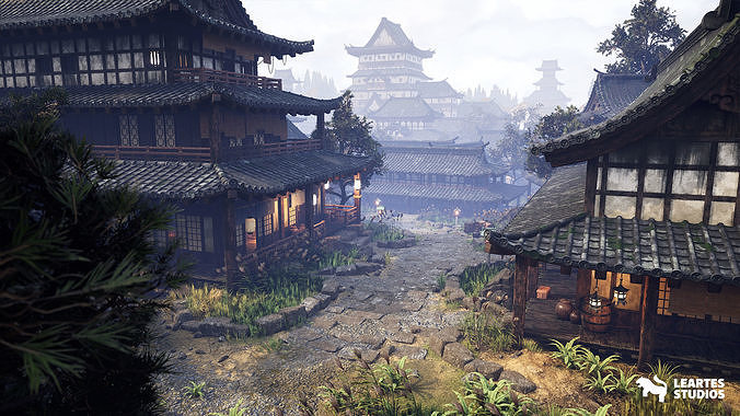 Feudal Japanese Castle Environment Low-poly 3D model 3
