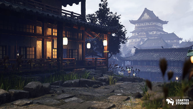 Feudal Japanese Castle Environment Low-poly 3D model 2