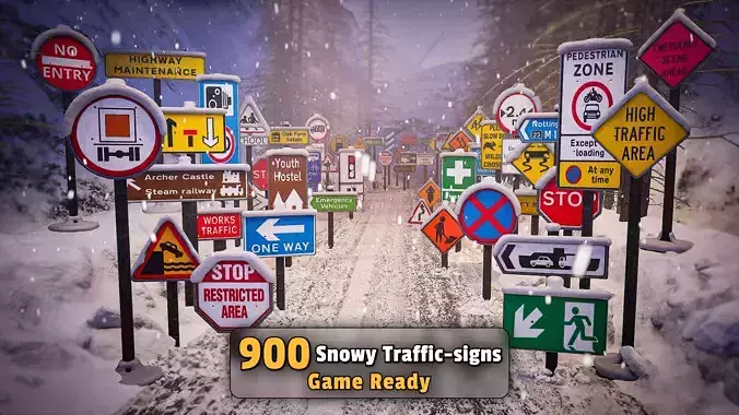900 Snowy Traffic Signs Collection  Game Ready Low-poly 3D model