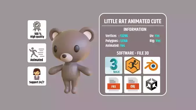 Little Rat Animated Cute 3D Models For Games And Animations