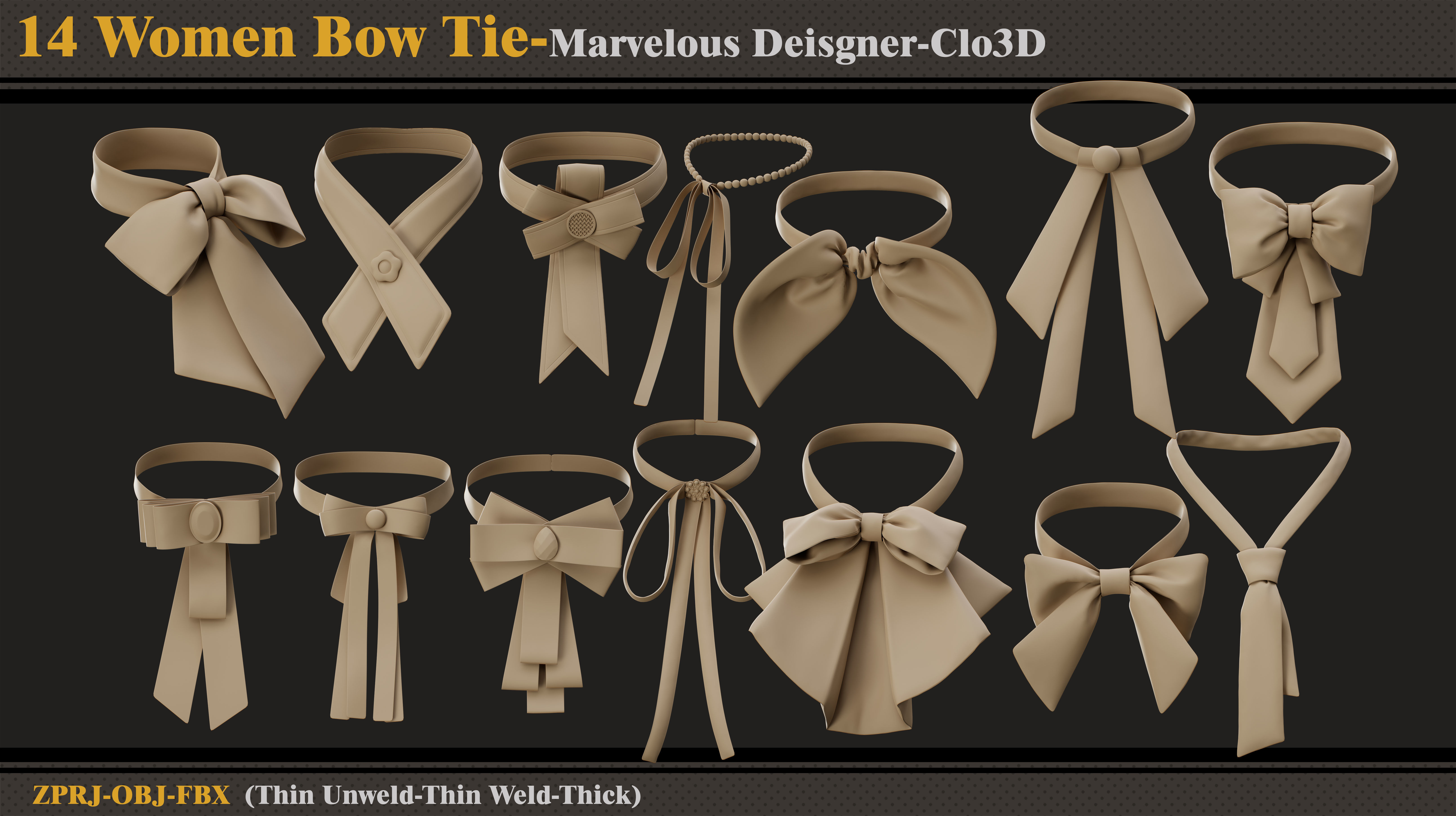 14 Women Bow Ties-MD-Clo3D-ZPRJ-FBX- OBJ 3D model_1