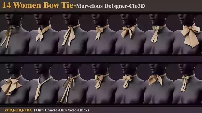 14 Women Bow Ties-MD-Clo3D-ZPRJ-FBX- OBJ 3D model