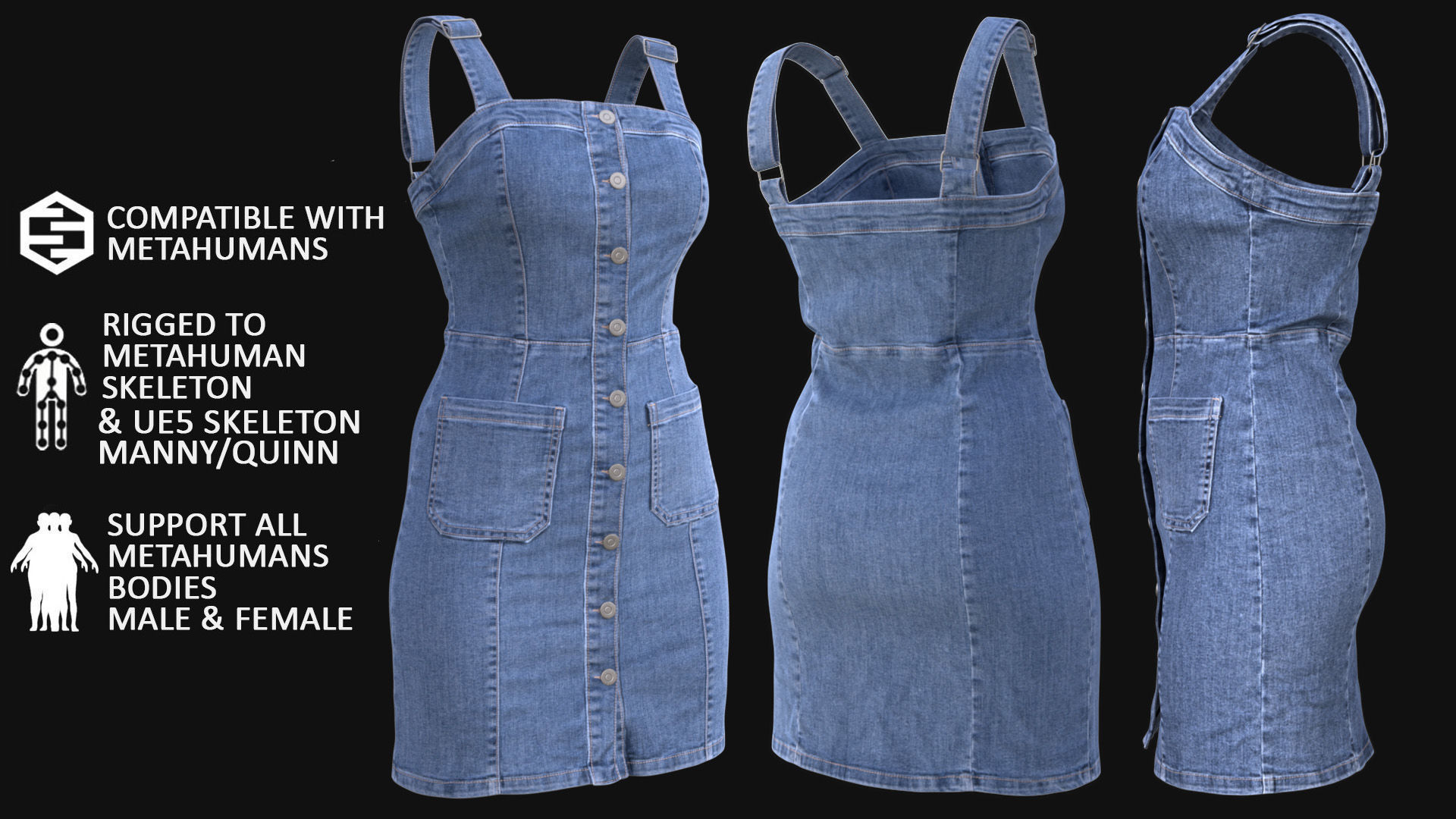 Denim Dress 99 - All MH Bodies - UE5 Skeletons - Rigged Low-poly 3D model_5