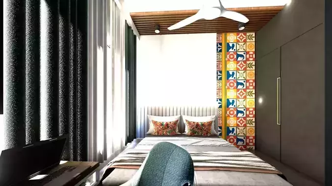 Cozy Bedroom Interior with Study Corner Traditional And Modern Low-poly 3D model