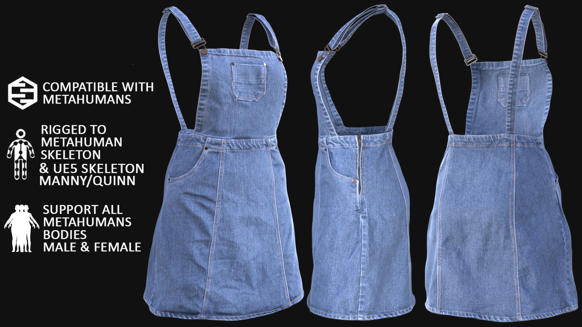 Denim Dress 101 - All MH Bodies - UE5 Skeletons - Rigged Low-poly 3D model_6