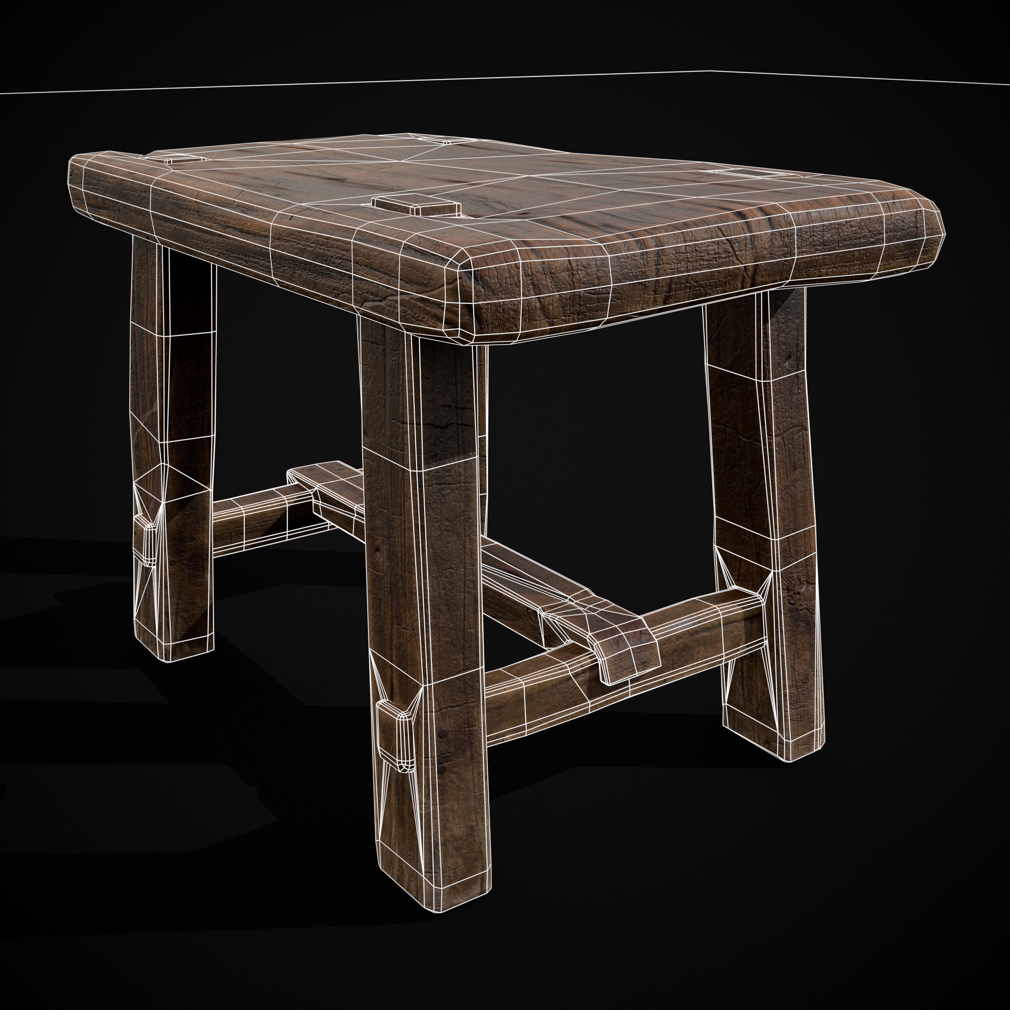 Rustic Wooden Stool Low-poly 3D model_6