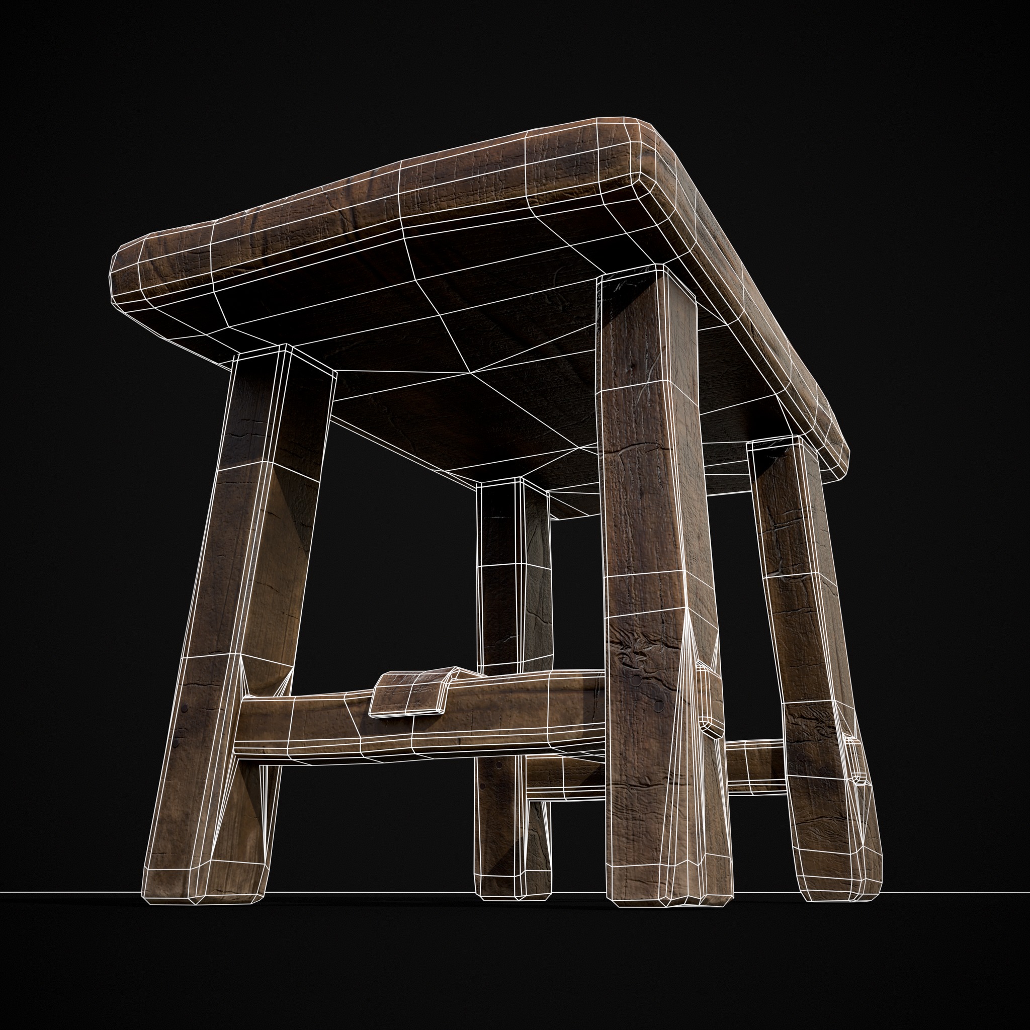 Rustic Wooden Stool Low-poly 3D model_18