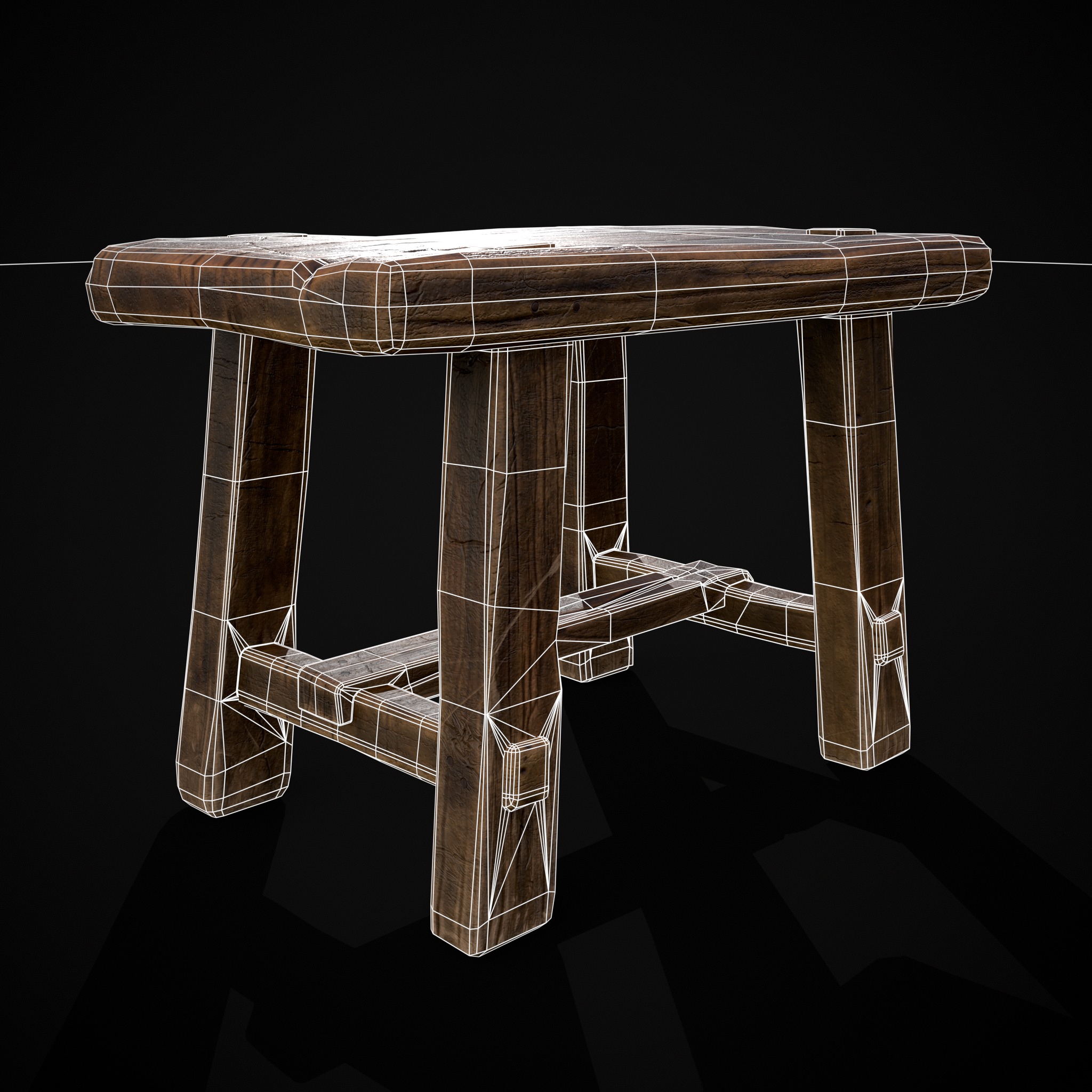 Rustic Wooden Stool Low-poly 3D model_4
