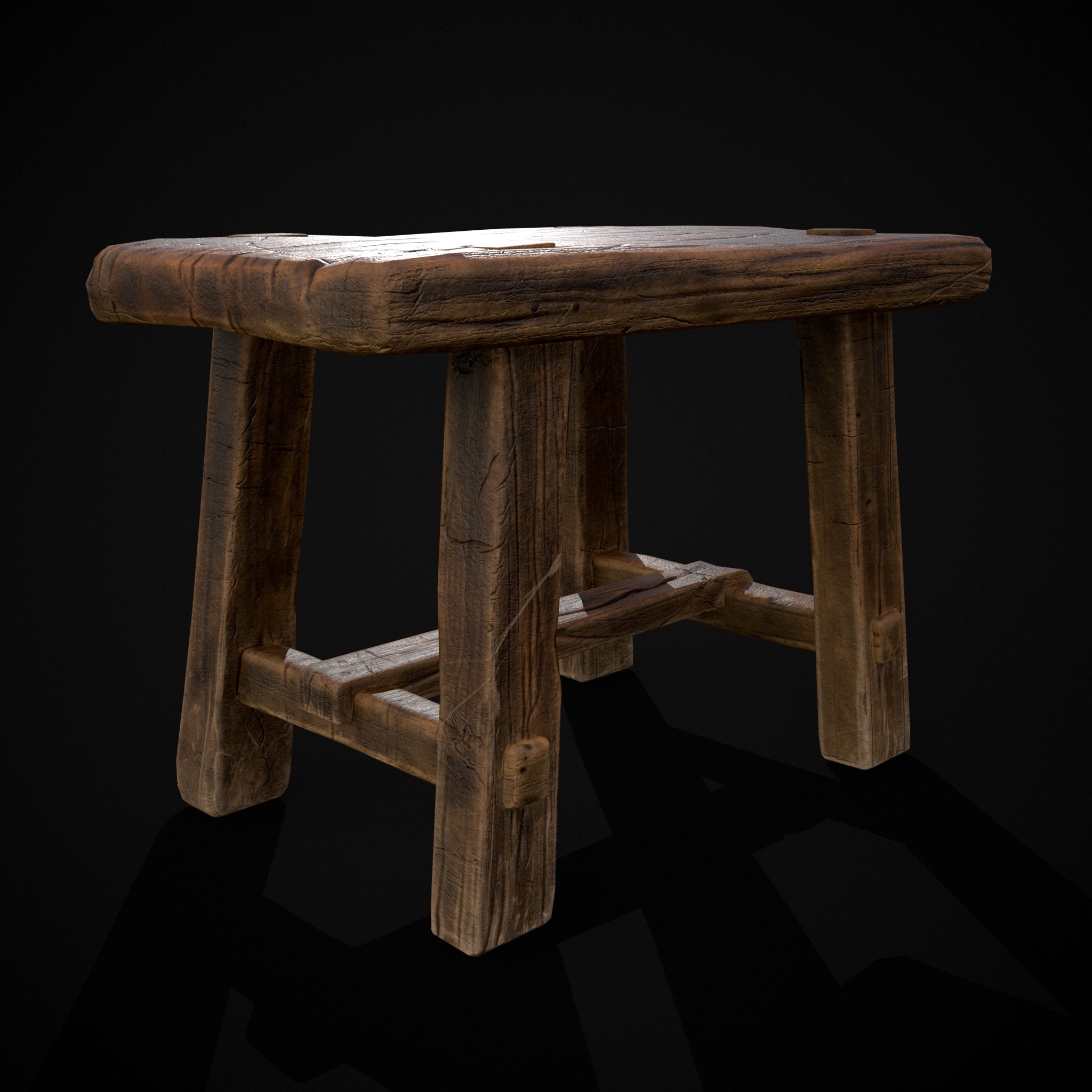 Rustic Wooden Stool Low-poly 3D model_3