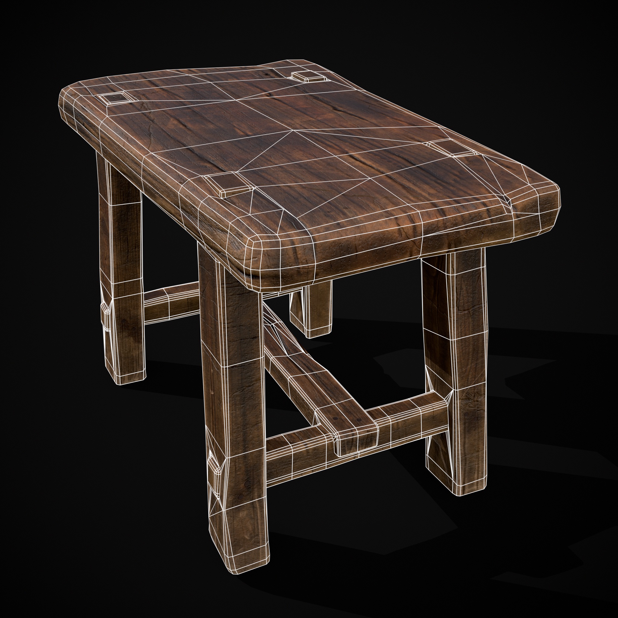 Rustic Wooden Stool Low-poly 3D model_19