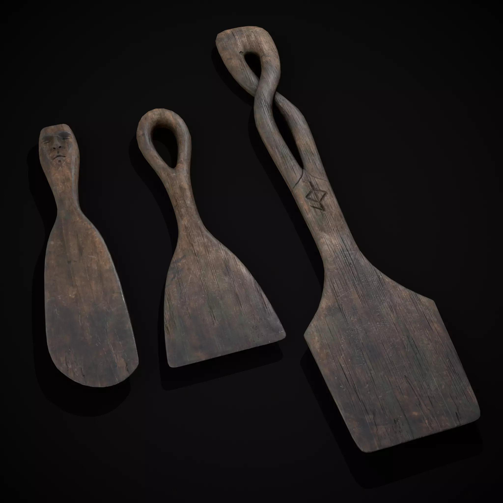 Old Carved Spatulas Low-poly 3D model_0