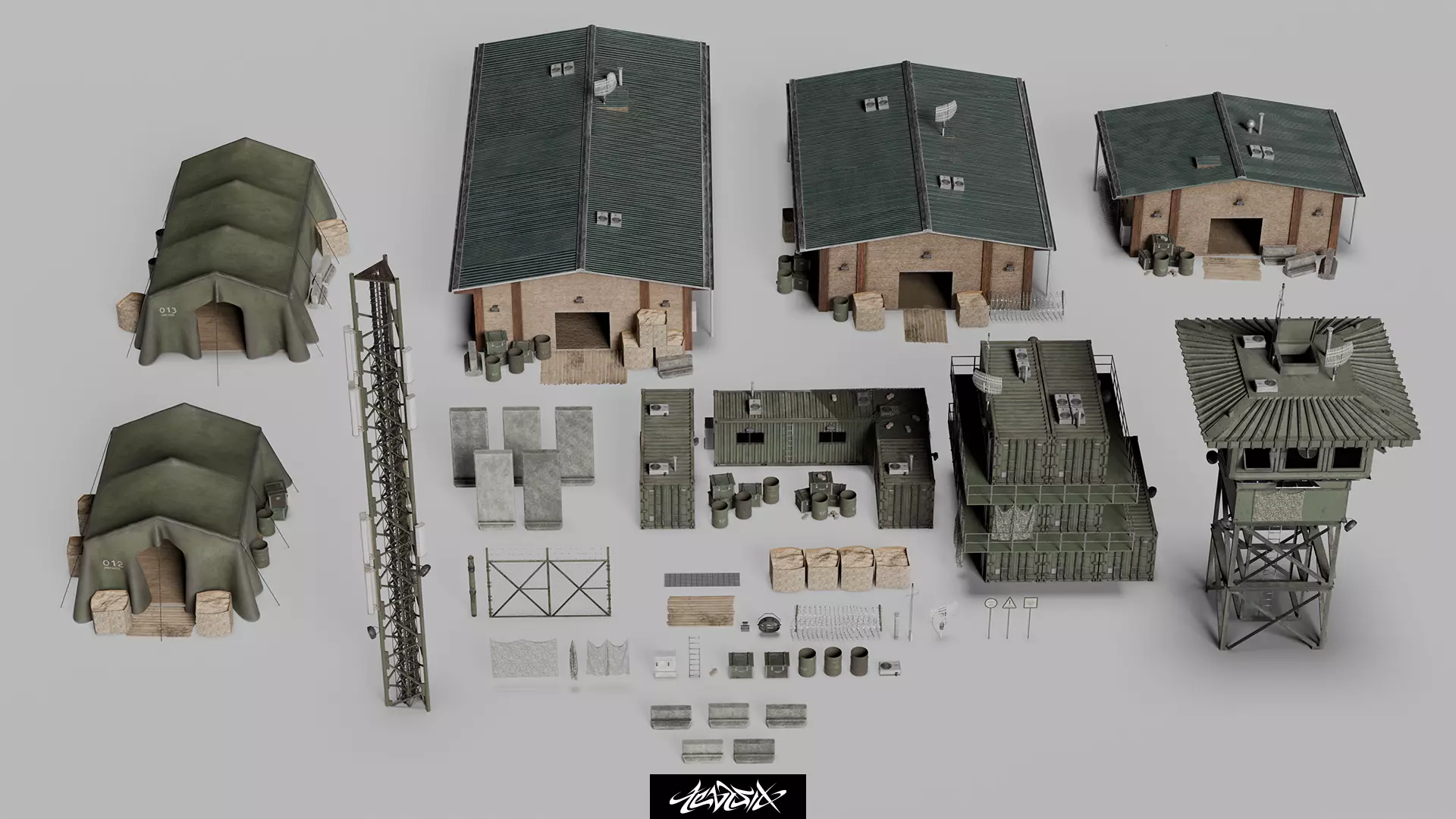 Military Base Kitbash set with over 50 Buildings and Assets 3D model_0
