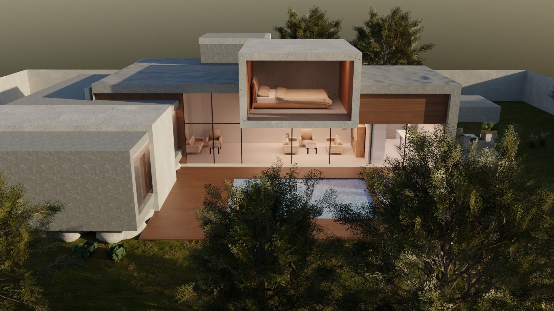 Modern Concrete House 3D model Low-poly 3D model_1