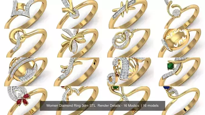 Women Diamond Ring 3dm STL  Render Details - 16 Modals 