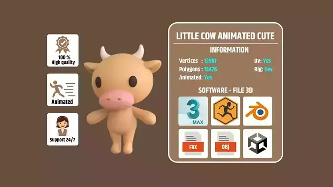 Little Cow Animated Cute 3D Models For Games And Animations
