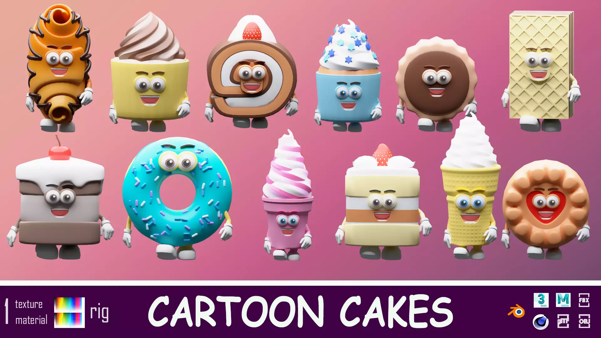 Cartoon characters cakes Low-poly 3D model_0