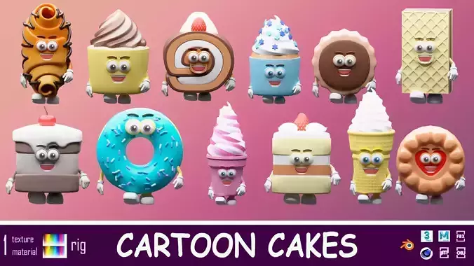 Cartoon characters cakes Low-poly 3D model