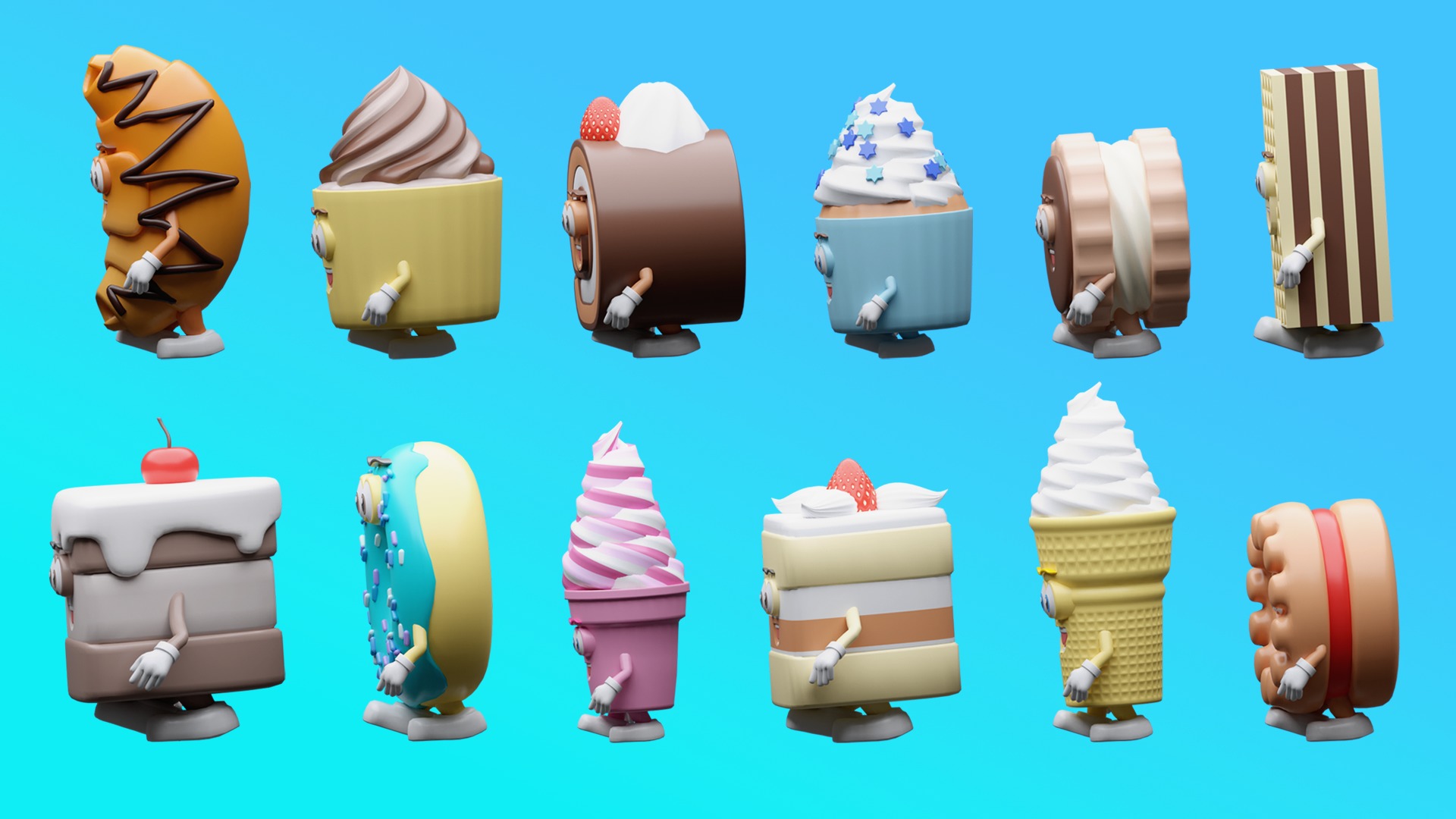 Cartoon characters cakes Low-poly 3D model_2