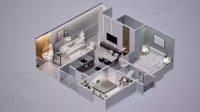 Furnished 2BHK Sample Flat Interior  Isometric 3D Model Low-poly 3D model