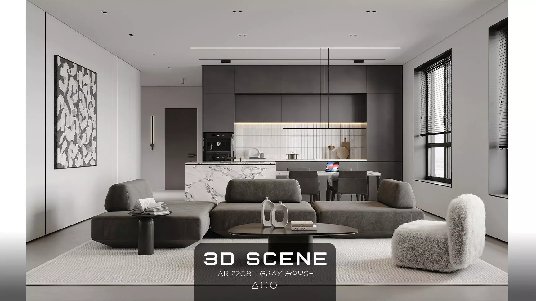 AR-22081 Gray House - Livingroom-Kitchen-Hallway 3D Scene 3D model_0
