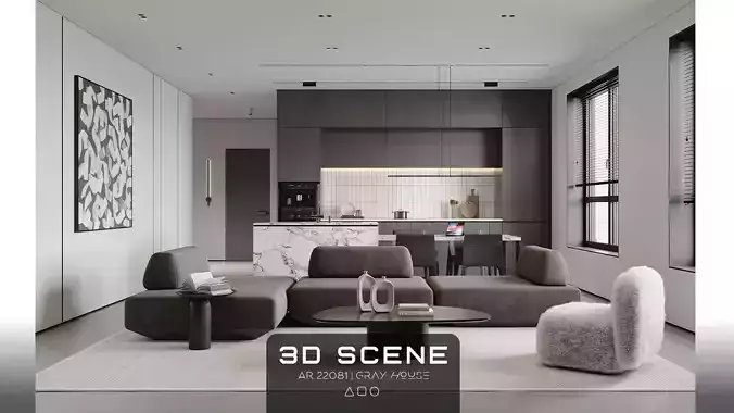AR-22081 Gray House - Livingroom-Kitchen-Hallway 3D Scene 3D model