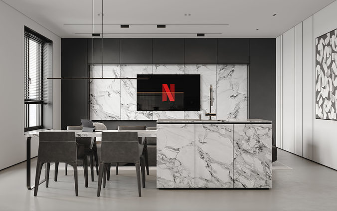 AR-22081 Gray House - Livingroom-Kitchen-Hallway 3D Scene 3D model 4
