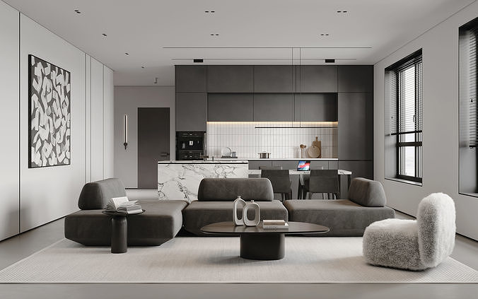 AR-22081 Gray House - Livingroom-Kitchen-Hallway 3D Scene 3D model 2