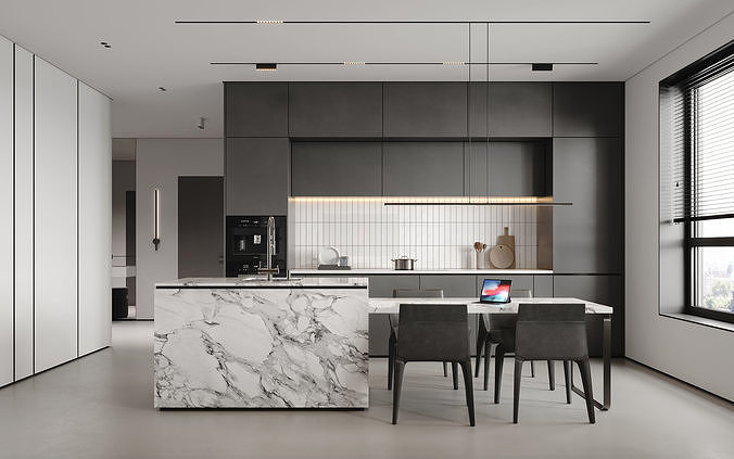 AR-22081 Gray House - Livingroom-Kitchen-Hallway 3D Scene 3D model 3