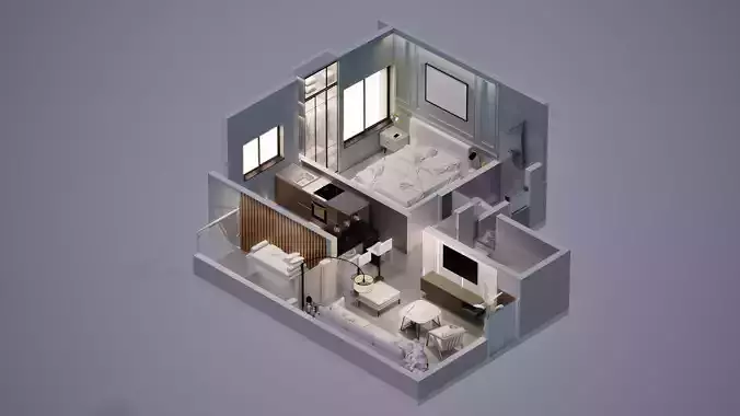 Modern 1BHK Flat Interior Isometric  Contemporary Furniture