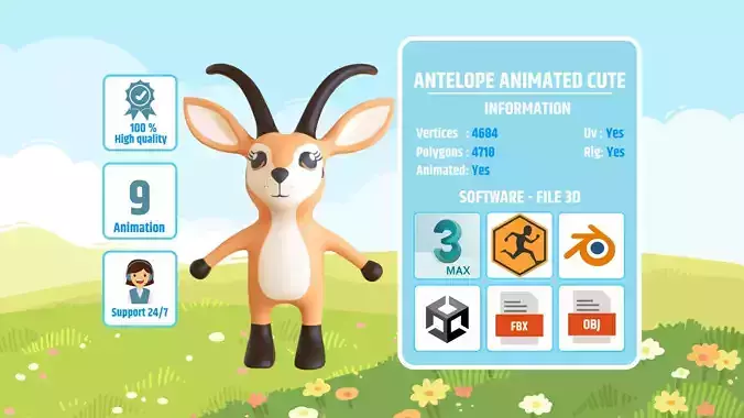 High-Quality 3D Cute Antelope - Animated for Games  Low-poly 3D model
