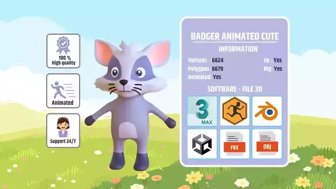 High-Quality 3D Cute Badger - Animated for Games