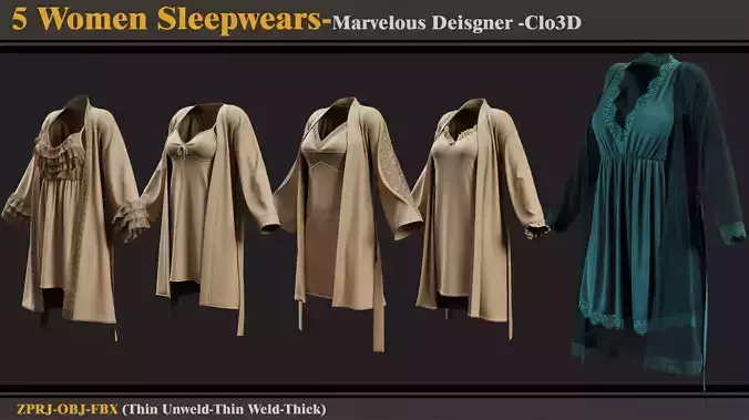 5 Women Sleepwear-MD-Clo3D-ZPRJ-FBX - OBJ 3D model