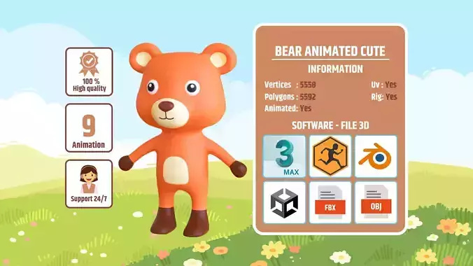 High-Quality 3D Cute Bear Animated for Games Low-poly 3D model