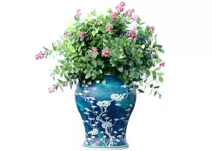 Decorative Lilac bouquet flowers bush plant Ceramic Chinese vase 3D model