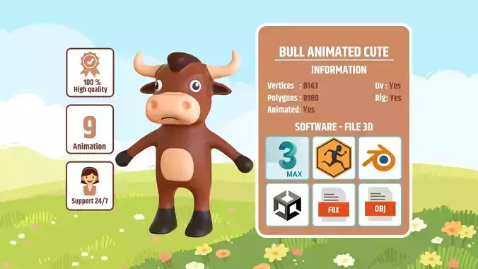 High-Quality 3D Cute Bull Animated for Games Low-poly 3D model