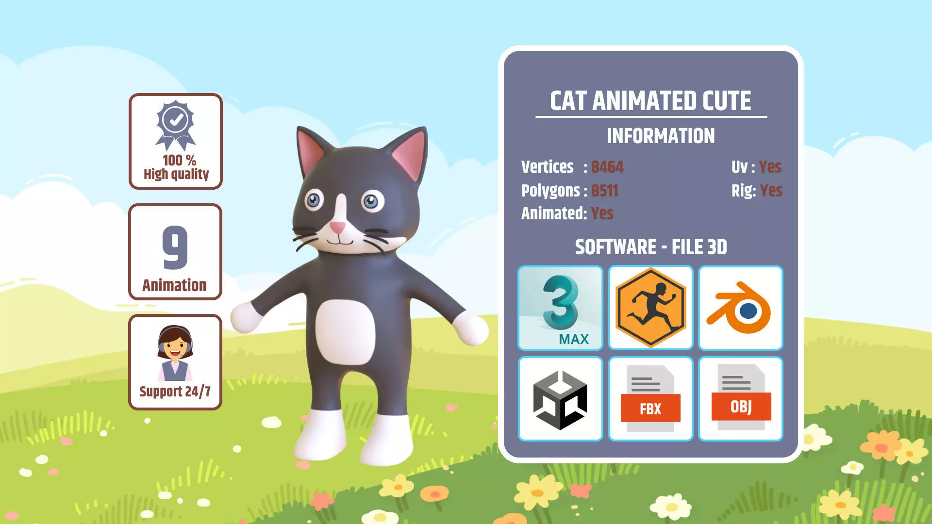 High-Quality 3D Cute Cat - Animated for Games Low-poly 3D model_0