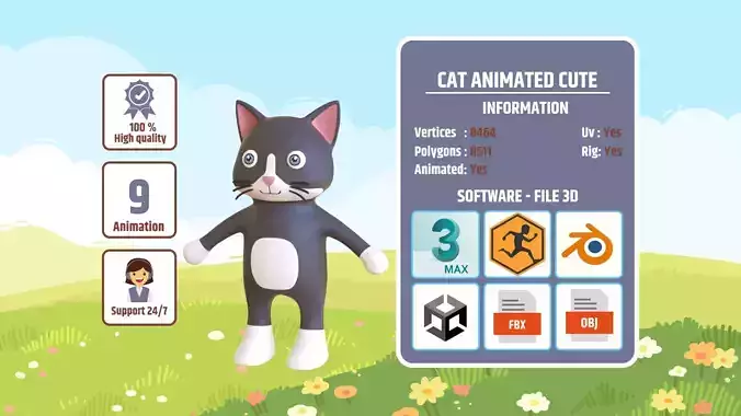 High-Quality 3D Cute Cat - Animated for Games