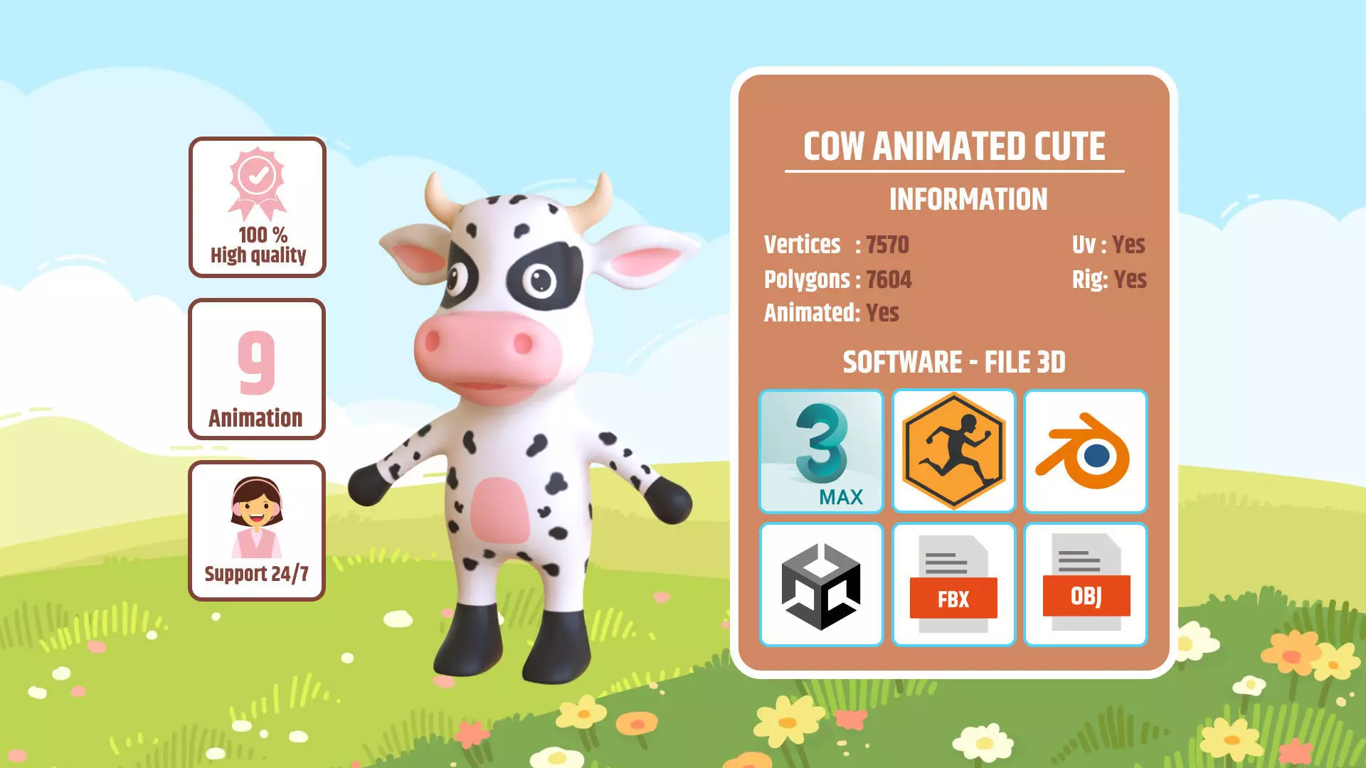 High-Quality 3D Cute Cow - Animated for Games Low-poly 3D model_0