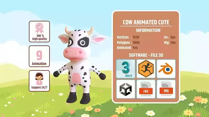 High-Quality 3D Cute Cow - Animated for Games Low-poly 3D model