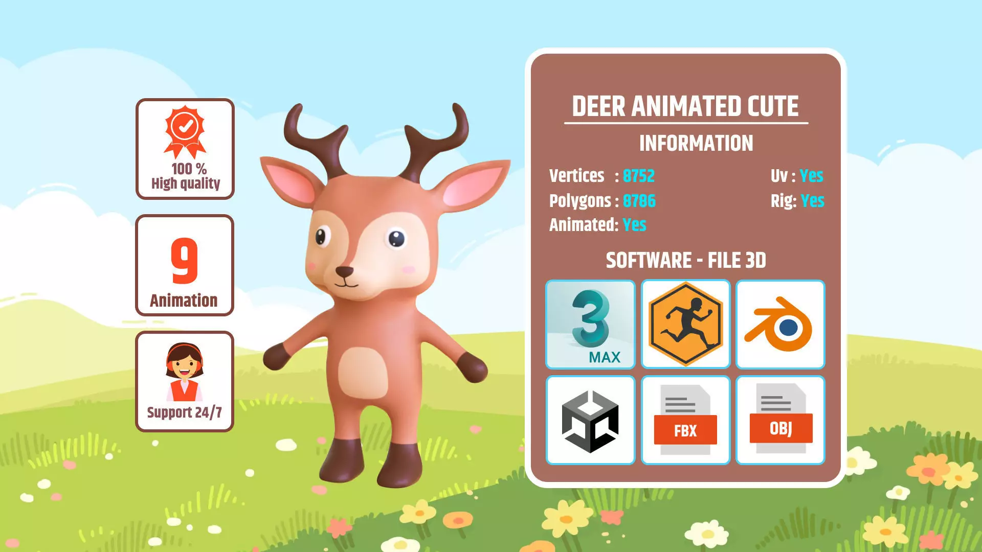 High-Quality 3D Cute Deer - Animated for Games Low-poly 3D model