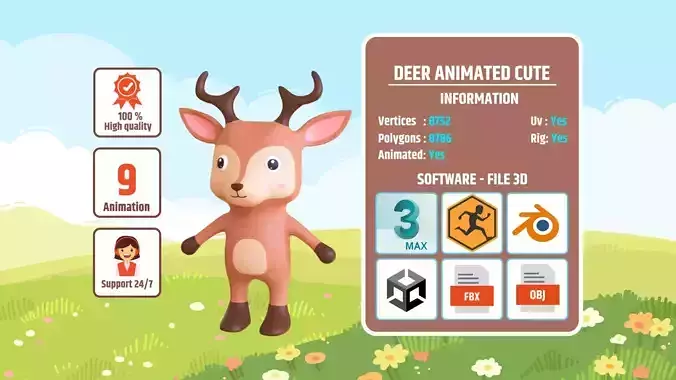 High-Quality 3D Cute Deer - Animated for Games