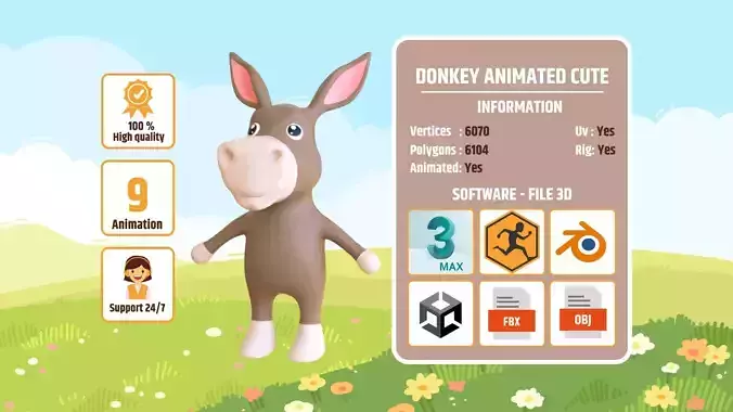 High-Quality 3D Cute Donkey - Animated for Games