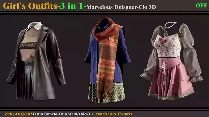 3 in 1 Girls Outfits-MD-Clo3d-OBJ-FBX -ZPRJ-Materials-Textures 3D model