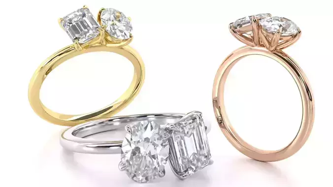 Oval and Emerald Cut Diamond Duo Engagement Ring