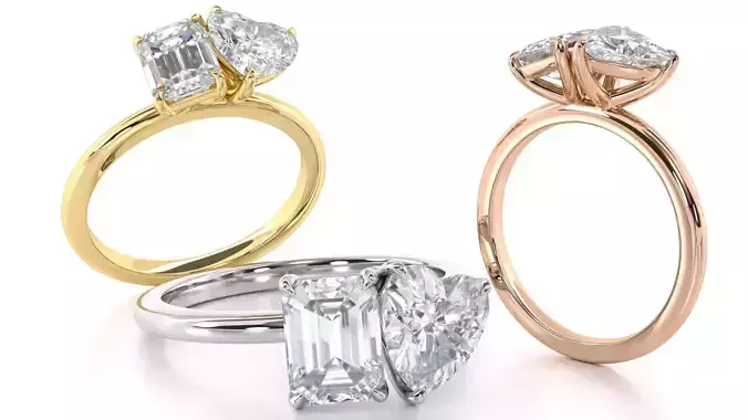 Heart and Emerald Cut Diamond Duo Engagement Ring