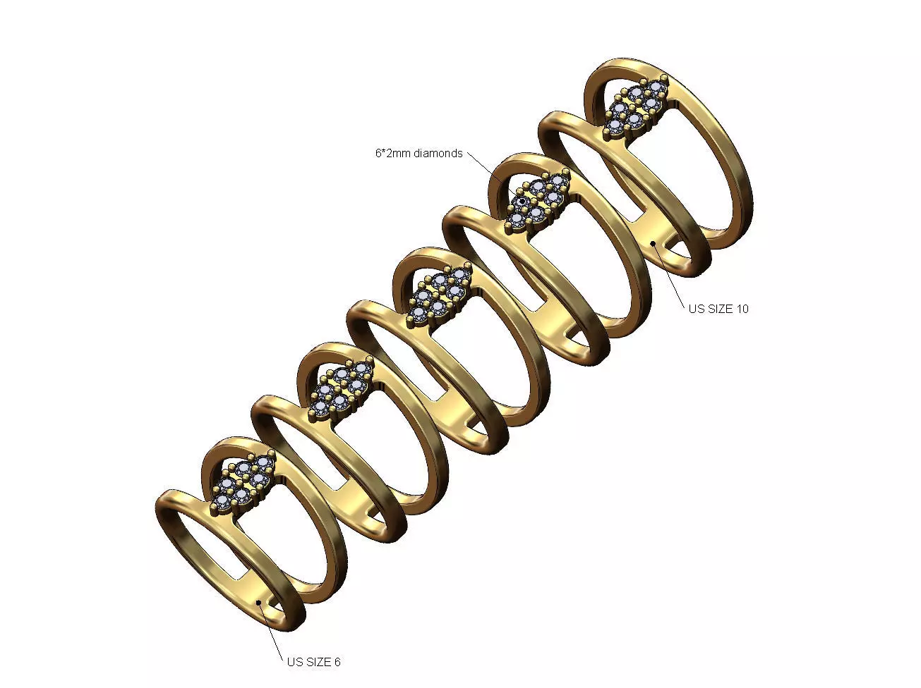 Triangular diamond cluster open ring US sizes 6to10 3D print model