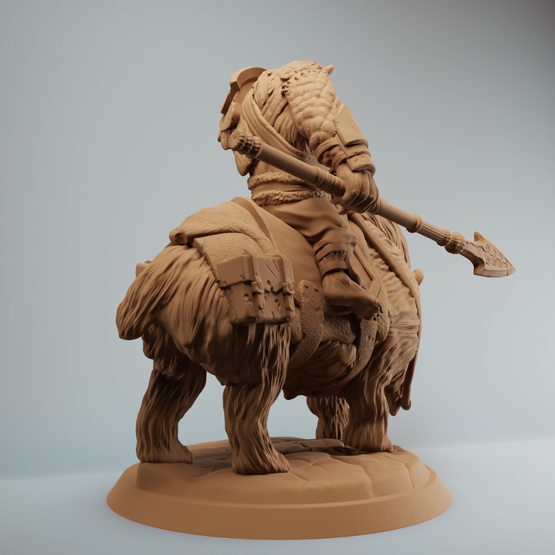 Bear warrior rider on woolly rhino werebear with spear 3D print model_3
