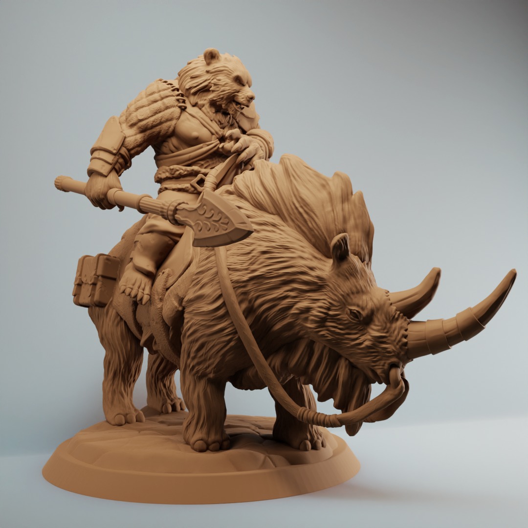 Bear warrior rider on woolly rhino werebear with spear 3D print model_2