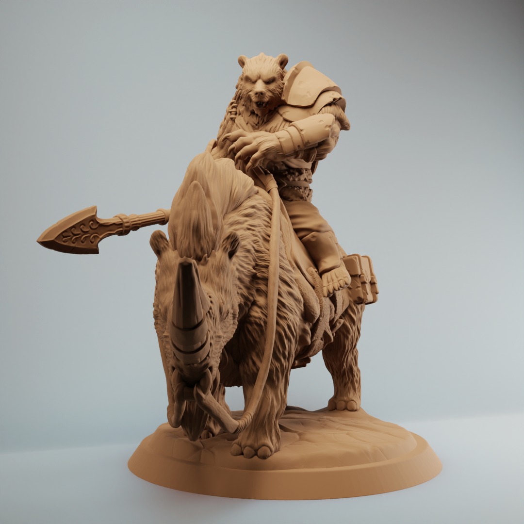 Bear warrior rider on woolly rhino werebear with spear 3D print model_1